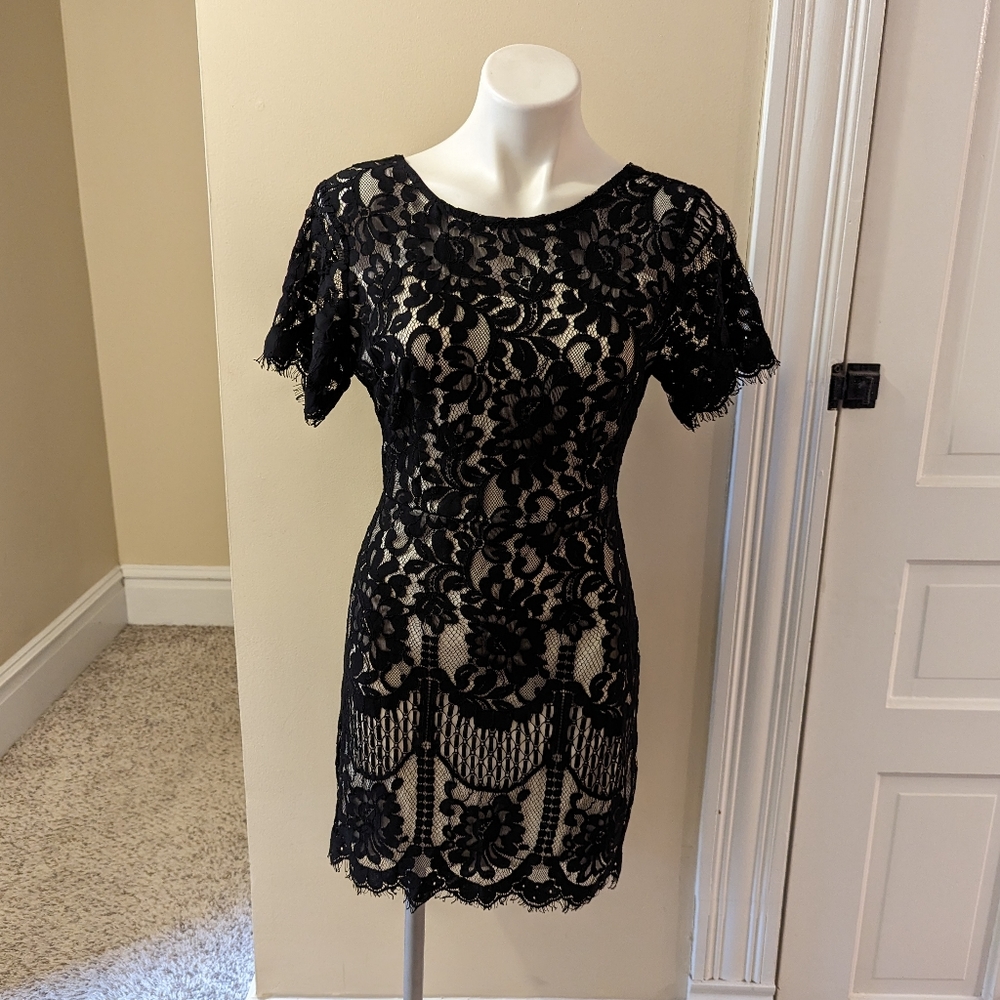 MSLG black lace dress with tan lining size small NWT